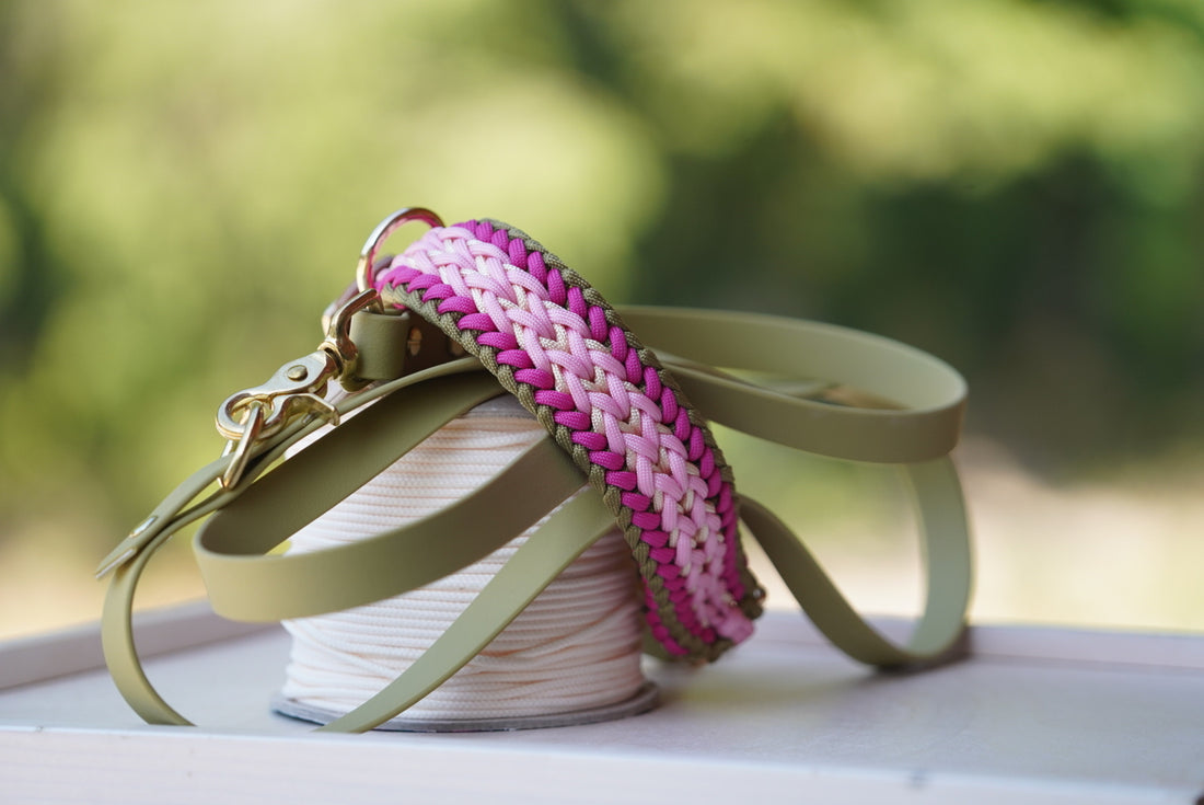 Geflochtenes Halsband Rosa Olive + Geflochtene Leine Rosa oder Olive