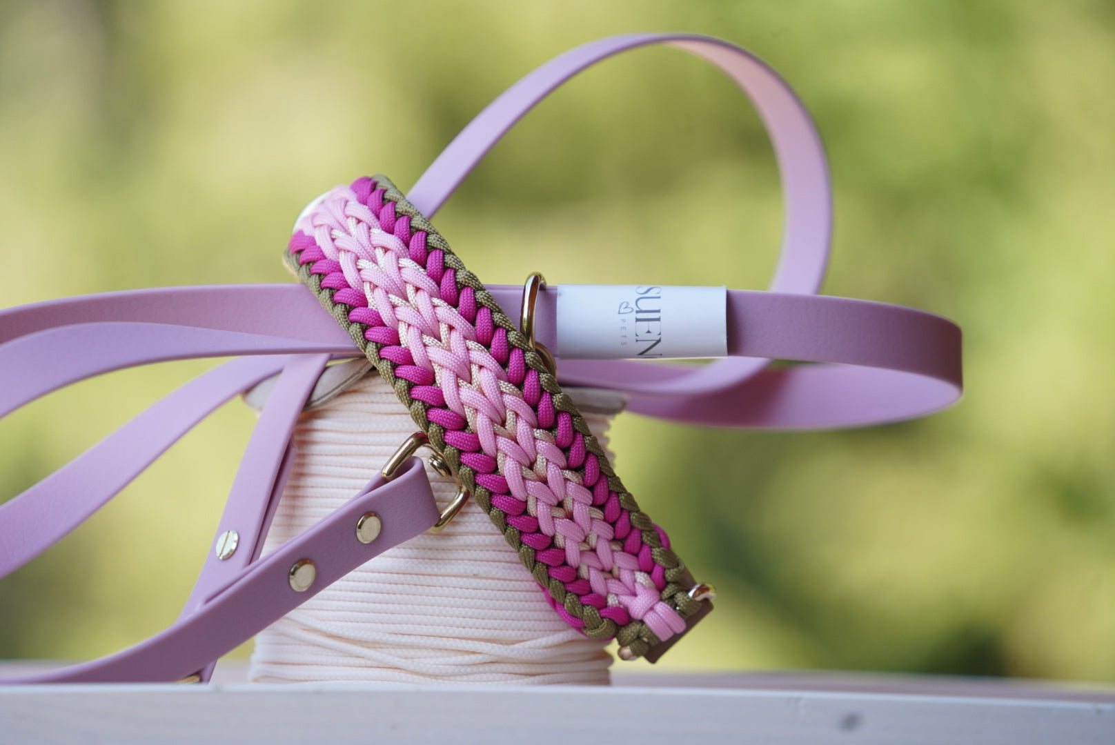 Geflochtenes Halsband Rosa Olive + Geflochtene Leine Rosa oder Olive