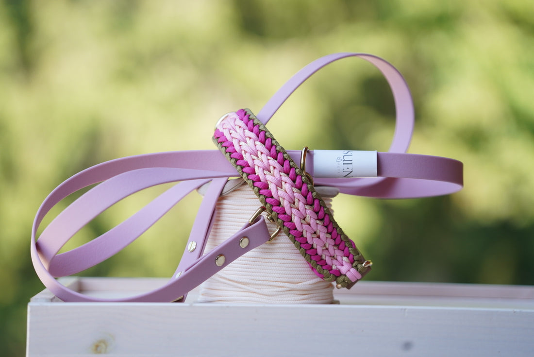 Geflochtenes Halsband Rosa Olive + Geflochtene Leine Rosa oder Olive